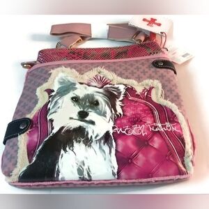 The YORKIE FUZZY NATION PINK & SILVER Crossbody Bag,11 X 10"